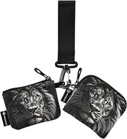 [XYMZR] Lion Head Black White Mini Zip Around Wristlet keychain Wallet for Women Personalized Pattern Detachable Dual Pouch Wristlet Portable Wallet Phone Coin Purse, Multi-colored, One Size