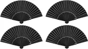 FRAKMU 4Pcs Hand Held Bamboo Silk Folding Fan Hand Fan with a Pouch,Chinese/Japanese Charming Elegant Vintage Retro Style Handheld Girls Women Wedding Party Favour Gift(Black)