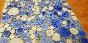 Mosaic ceramic tiles blue pebble white bathroom splashback pool outdoor floor