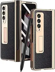 [YukeTop] Case for Samsung Galaxy Z Fold 4, Leather + Electroplating Frame, with Pen Tray, Screen Film, Hinge, Bracket, Anti-Drop Cover Protection for Samsung Galaxy Z Fold 4.(Black)