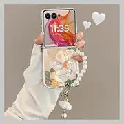 [Jarttarn] Case for Motorola Razr 50 Ultra（2024）,Durable Anti-fingerprint Shockproof,Flower Foldable Cover with Pearl Hand Strap (Case+Cloud Bracelet)