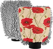 Wash Mitts for Car Washing Absorbent Microfiber Chenille Stylized Red Poppy Flowers Beige Auto Cleaning Supplies Scrub Pad Scratch Free, Large x 2 Pack
