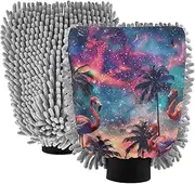 XYMZR Flamingos Starry Vivid Absorbent Microfiber Car Wash Mitt, Funny Cute Anime Scratch Free for Cars Cleaning, Home Cleaning Mitts, 2 Pack, 10.24” L x 7.09” W