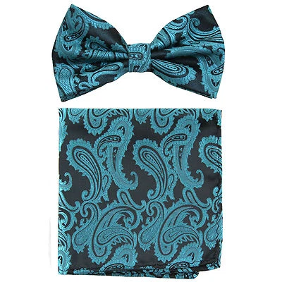 New Brand Q men's pre-tied bow tie & hankie paisley micro fiber black teal green