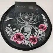 Set of 4 Tahari Home 15" Round Placemats Halloween Spiders Web Roses Black Pink