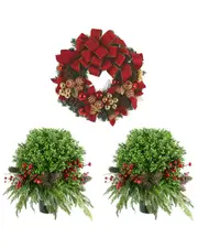 Creative Displays 26in Holiday Wreath & 2 UV-Rated Boxwood Topiary Drop-Ins