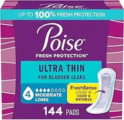 Poise Ultra Thin Incontinence Pads for Women, Moderate Absorbency, Long Length, 144 Count (3 packs of 48) (Packaging May Vary)