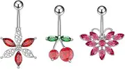 [Niaspi] 4 Pcs 14G Pink Belly Button Rings Set for Women Girls Surgical Steel Cute Cherry Strawberry Flowers Crystal CZ Belly Navel Studs Curved Piercing Barbell Body Piercing Jewelry, Stainless Steel,