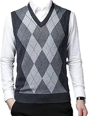 [Generic] Men's Argyle Sweater Vest Sleeveless V Neck Pullover Sweaters Contrast Color Comfortable Casual Knitted Vests
