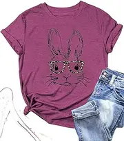 [Ovazly] Funny Bunny Print T Shirt for Women Cute Grapic Leopard Shirts Family Blouse Gifts Easter Tops Tee