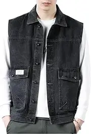 [Bciopll] Men's Vintage Denim Vest Loose Sleeveless Jacket Casual Multi-Pocket Jeans Vest Work Waistcoat