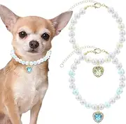 Pearl Cat Collar Dog Pets Necklaces - 2Pcs 8.2'' Pet Pearls Necklace Collars Adjustable, Heart Shape Diamond Rhinestone Jewelry Accessories for Wedding Party Pet Puppy Cats, Green & Blue