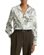 Vince Grape Vine Placed Smocked Silk Blouse