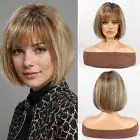 Bob Wig Human Hair Brown Blonde Mix Wig with Bangs Short Straight Wigs Glueless
