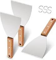 Leonyo Grill Griddle Scraper Set of 3, Stainless Steel Metal Grill Scraper Tool for Flat Top Teppanyaki BBQ, Versatile Scraper for Dough Pancake Pizza Home Baking Cooking, Slant Edge & Wooden Grip