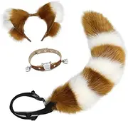 Cat Ears and Wolf Fox Animal Tail Cosplay Costume Faux Fur Hair Clip Headdress Halloween Leather Neck Chocker Set (Camel&White)