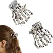 2 Pack Skeleton Hand Metal Hair Claw Clips for Women Small Skeleton Hand Hair Clip Metal Claw Clips Silver Skull Claw Clip Skull Hair Clip Small Halloween Hair Accessories (Silver, One size)