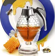 No Drip Honey Dispenser with Stand - Clear Glass Honey Jar & Dipper 8 Oz