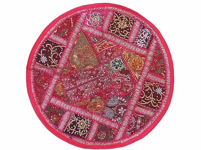 Magenta Round Floor Pillowcase Sari Patchwork Big Living Room Throw Cushion 26"