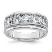 14k White Gold 2 Ct. Lab Grown Diamond VS/SI+ G+ Five Stone Polished Satin and Grooved Men's Ring