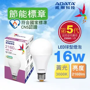 【ADATA 威剛】16W 節能標章 LED燈泡 超高光效 CNS認證(第五代)