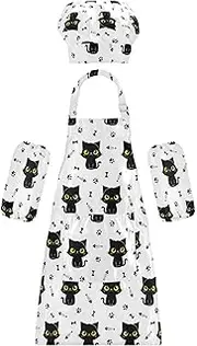 AIXIWAWA Kids Apron Chef Hat Set, Child Kitchen Bib Aprons Adjustable for Cooking Baking Painting (Sitting Cats)