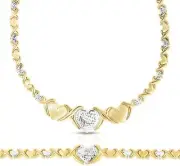 Graduated Hearts & Kisses Bracelet Necklace Set 10K Two-Tone Gold Clad Silver