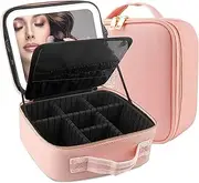 MOMIRA Travel Makeup Bag Cosmetic Bag Makeup Organizer Bag with Lighted Mirror, Adjustable Brightness in 3 Color Scenarios, Waterproof Makeup Train Case - Pink