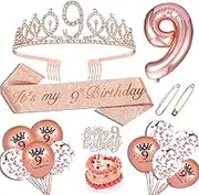 9th Birthday Decorations for Girls, 9th Birthday Sash, 9th Birthday Crown, 9th Birthday Cake Topper, Balloons, Pin and Candle Set, Rose Gold