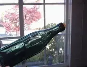3 Sided Deep Teal Glass Bottle 10" Tall W/ Cork Bath Olive Oil Window Decor