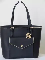 NEW Michael Kors Jet Set Saffiano Medium PKT MF Leather Tote Black