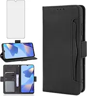 [Asuwish] Compatible with OPPO A16/A16S/A54S Wallet Case and Tempered Glass Screen Protector Card Holder Credit ID Slot Stand Cell Accessories Phone Cover for CPH2273 Women Men Black