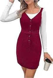 [Floerns] Women's Corduroy Button Down Pinafore Overall Dress with Pockets Burgundy Solid XS