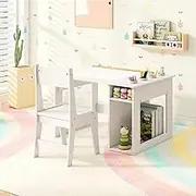 HONEY JOY Kid’s Art Table & Chair Set, Toddler Craft Wooden Drawing Desk with Paper Roll, 4 Paint Cups & 2 Storage Shelves, Children Activity Center Play Table for Daycare Preschool Play Room, White