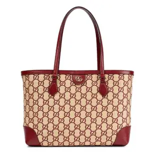 【GUCCI 古馳】631685 經典GG LOGO系列草編牛皮飾邊手提肩背媽媽包購物包(紅色)