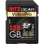 Ritz Gear 128GB High-Speed SDXC UHS-II SD Card, C10, U3, V90, HD & 8K for DSLR