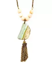 Handcrafted Artisan Lori Snyder Gold Tone Peach Green Agate Tassel Necklace