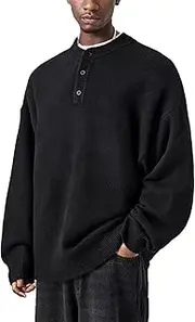 [Sukany] Men's Loose Henley Sweater Long Sleeve Knit Pullover Button Up Business Casual Sweaters Oversized Jumper Lightweight Tops, Black, L