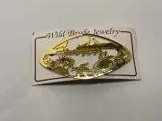VTG SIGNED WILD BYRDE GOLD PLATE SEA LIFE CUTWORK OVAL BROOCH - NWT
