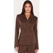 Chocolate Woven Tailored Cinched Waist Blazer, Chocolate