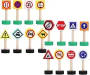 Traffic Road Signs Playset - 16X Children Road Traffic Light Toy | Early Learning Game, Crosswalk Signal Blocks, Wooden Stop Safety Game for Education