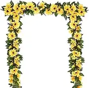 4 Pack Artificial Sunflower Garland - Sunflower Vine Artificial Flowers Garland with Green Leaves for Wedding Party Table Decoration (Yellow, One Size)