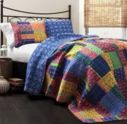 KING Size 100% Cotton Bright Patch Work Geometric 3 Pc Quilt Set Machine Wash