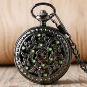 Mens Vintage Mechanical Pocket Watch Green Ornament Adorn Black Flower Watches