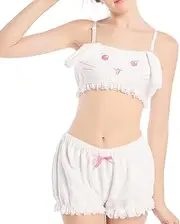 [Landofgenie] Women's Pyjama Sets Shorts and Tank Top Loungewear Fuzzy Pyjamas White Bunny Costume