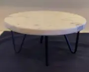 White marble/black metal leg cake stand, 10" diameter, 5" tall