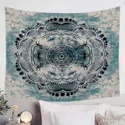 Black Royal Mandala on Dark Blue Rock Tapestry
