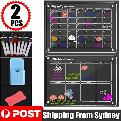 2PCS Magnetic Acrylic Fridge Calendar Monthly Planner & Weekly Planner Board AUS