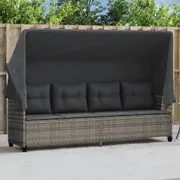 vidaXL Sun Lounger with Canopy and Cushions Grey Poly Rattan