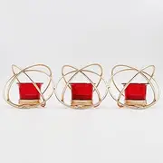 [Hosley] Metal Red Glass Tealight Candle Holder Tealight Candle Holder with Glass Holder Perfect for Home Decor, Parties, Tabletop 3-Cup Centerpiece, with Pack of 3 Tealights (Gold)